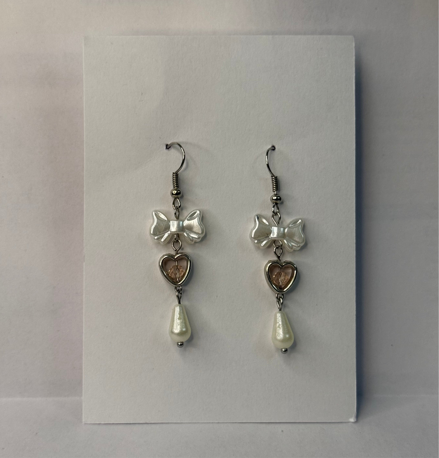 Pearl Bow & Silver Heart Earrings