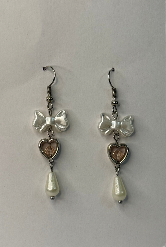 Pearl Bow & Silver Heart Earrings